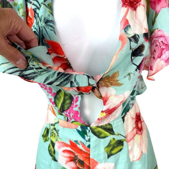 Tropical Floral Print Plunge Neck Romper Medium Flutter Ruffle Summer Resortwear - Picture 15 of 16